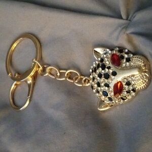 PANTHER KEY FOB PURSE CHARM 4 IN GOLD TONE RED EYES